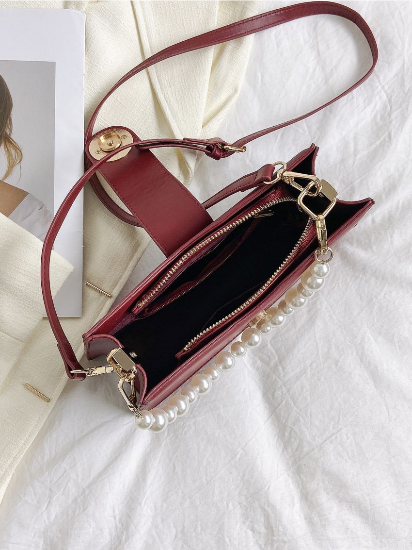 Faux Pearl Decor Baguette Bag