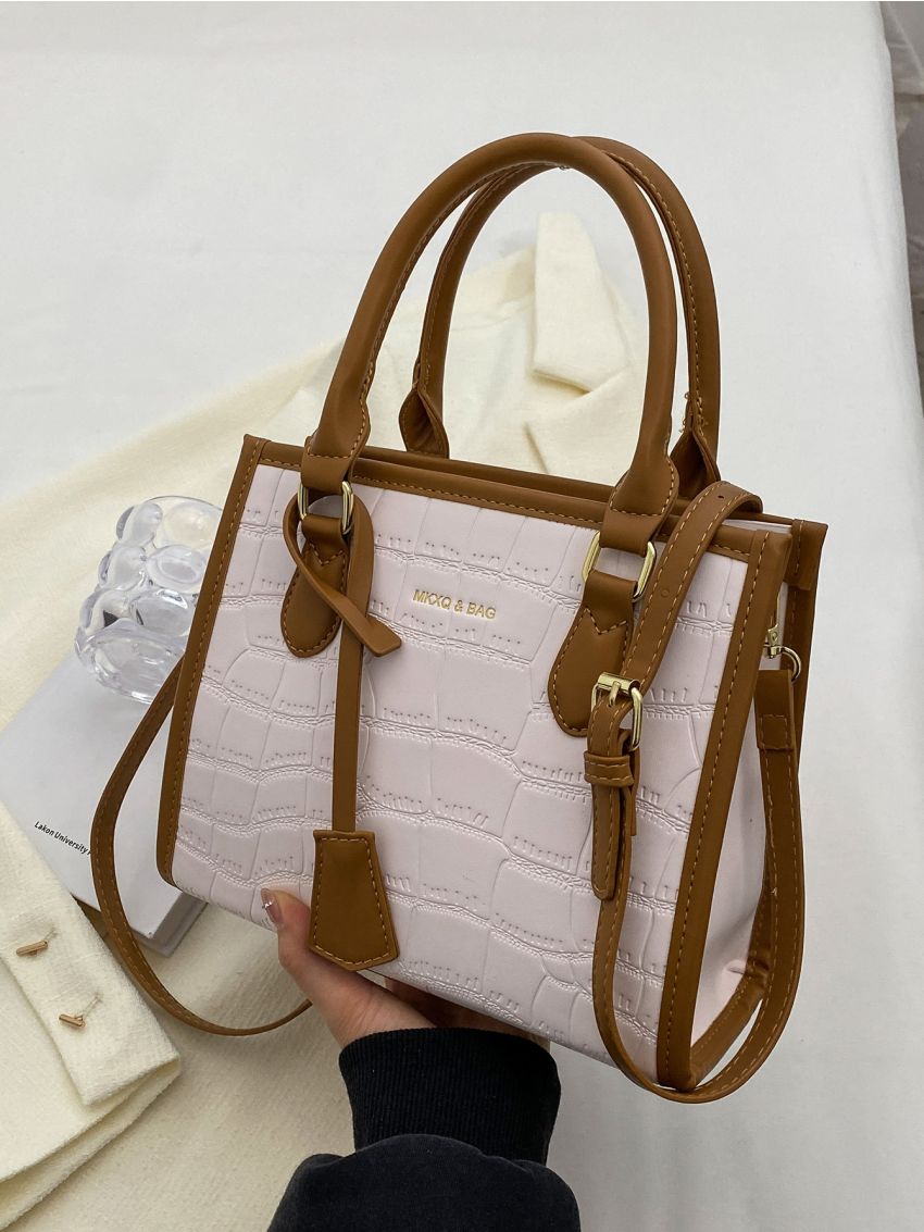 Crocodile Embossed Letter Graphic Square Bag