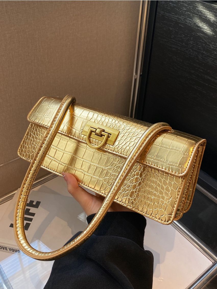 Metallic Crocodile Embossed Flap Baguette Bag
