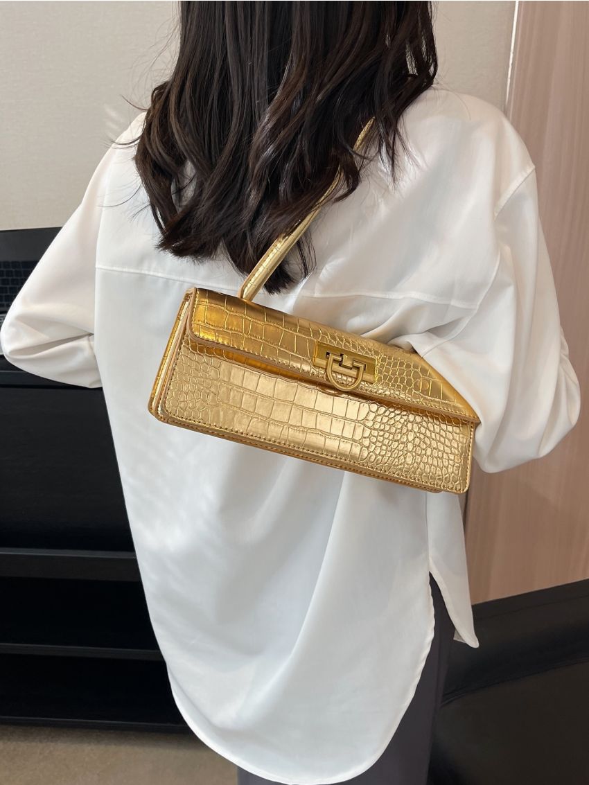 Metallic Crocodile Embossed Flap Baguette Bag