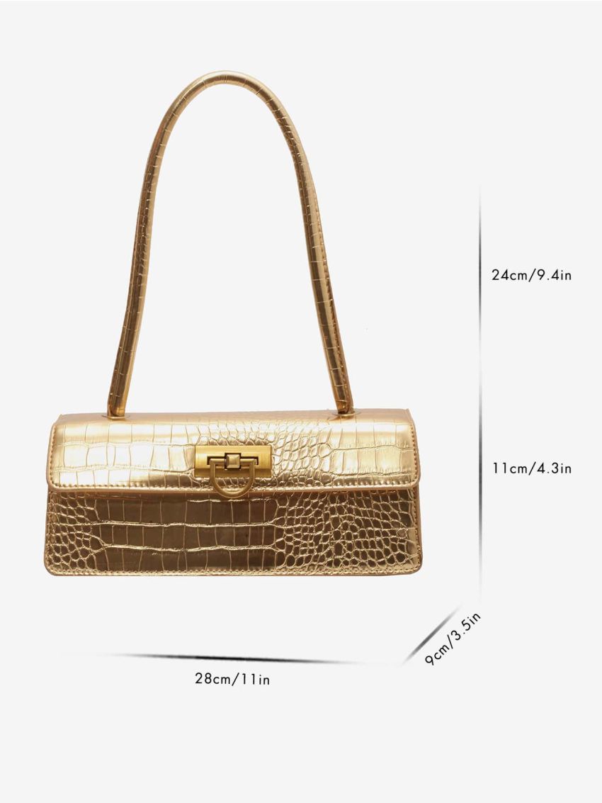Metallic Crocodile Embossed Flap Baguette Bag