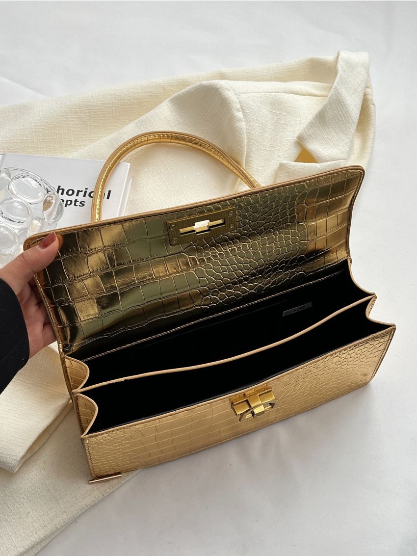 Metallic Crocodile Embossed Flap Baguette Bag