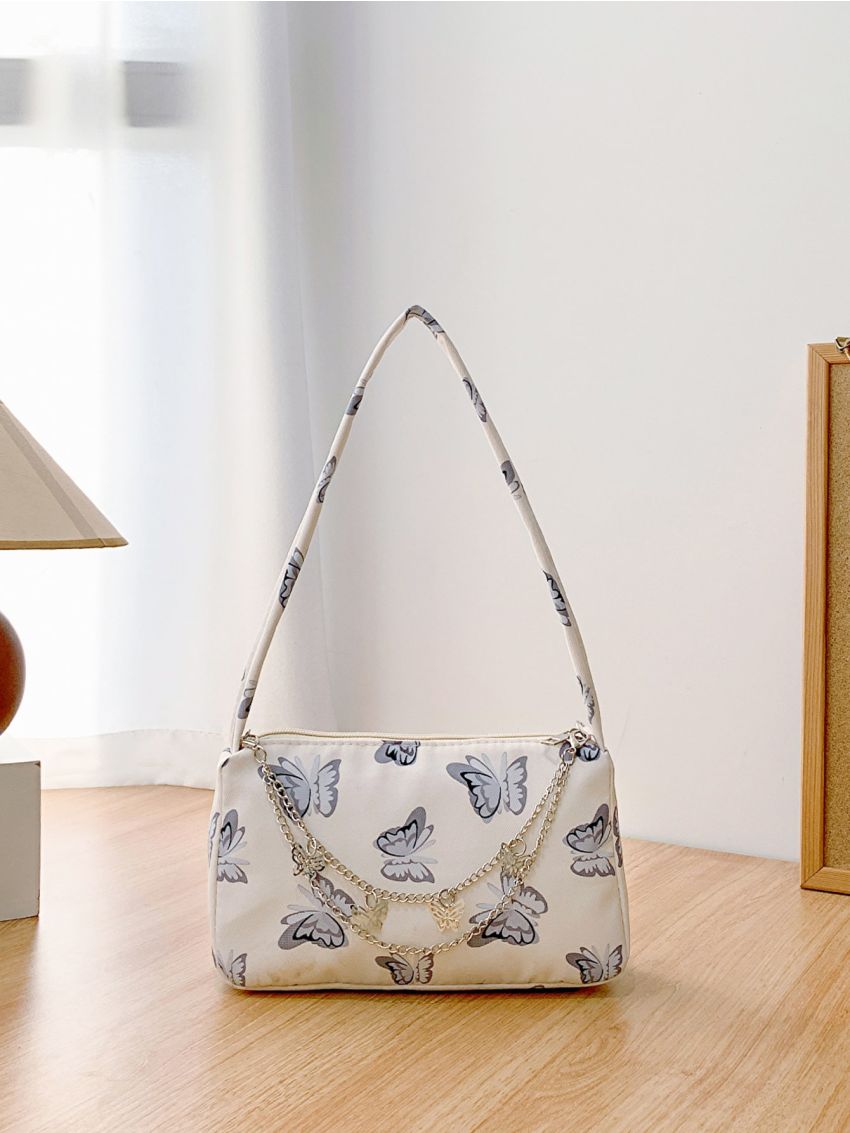 Mini Butterfly Graphic Chain Decor Baguette Bag