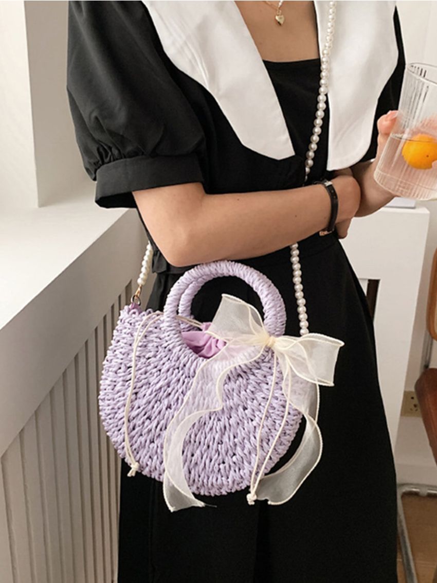 Faux Pearl Beaded Drawstring Design Straw Bag