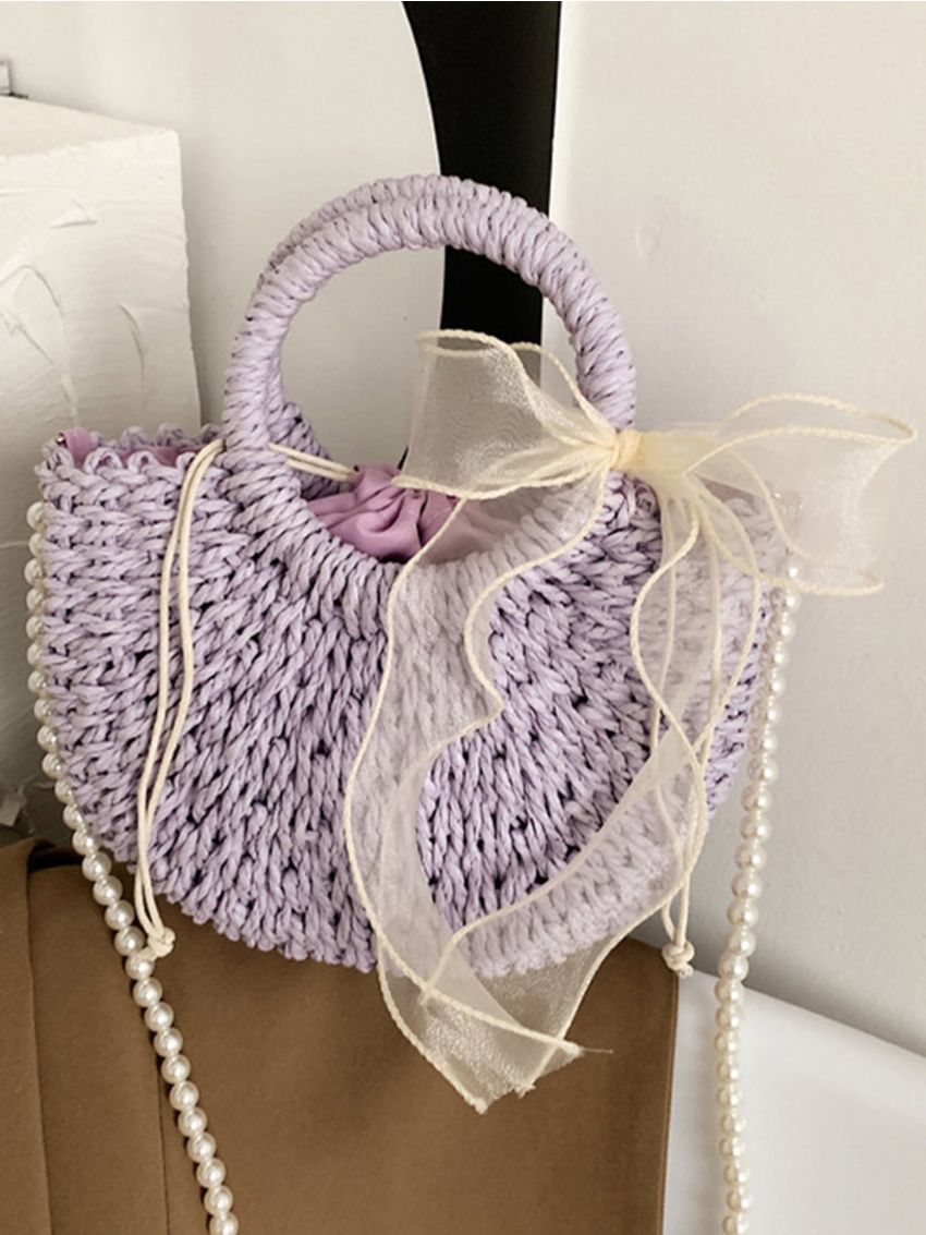 Faux Pearl Beaded Drawstring Design Straw Bag