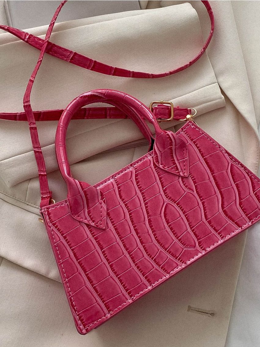 Neon Pink Crocodile Embossed Letter Graphic Square Bag