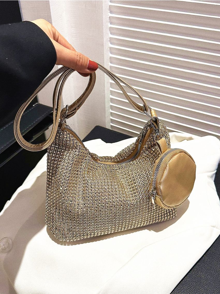 Rhinestone Decor Hobo Bag With Coin Purse
