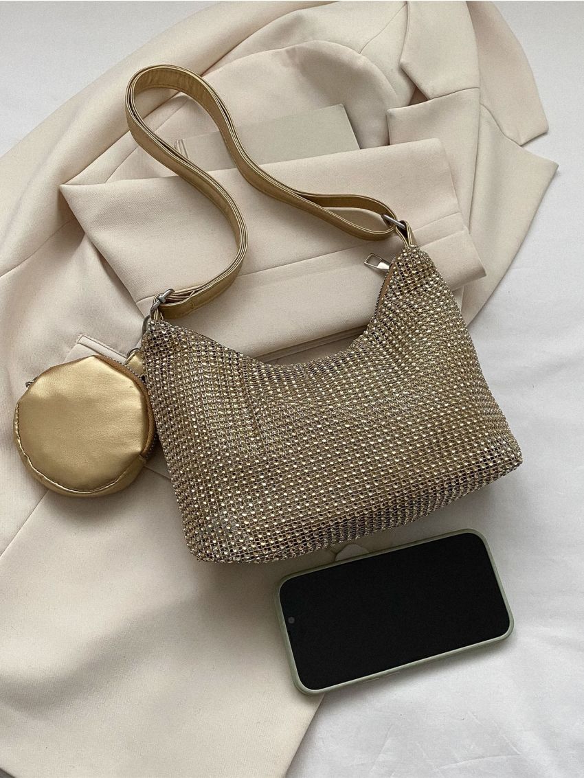 Rhinestone Decor Hobo Bag With Coin Purse