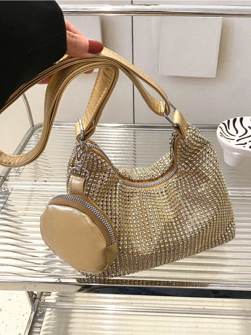 Rhinestone Decor Hobo Bag With Coin Purse