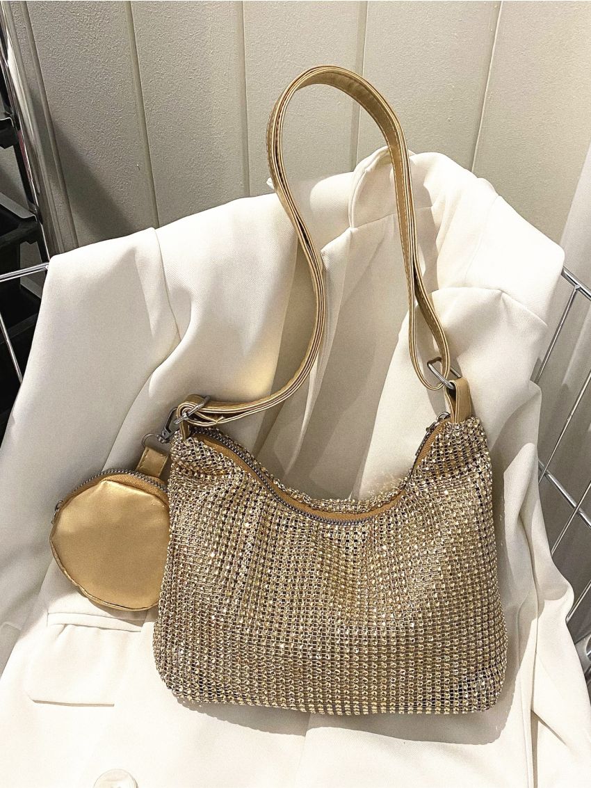 Rhinestone Decor Hobo Bag With Coin Purse