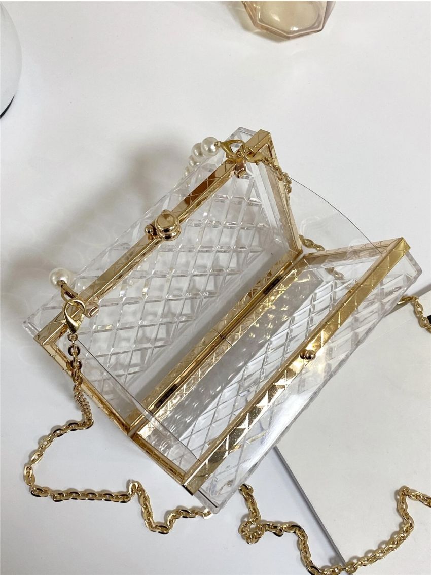 Mini Faux Pearl Decor Clear Box Bag, Trendy Argyle Embossed Acrylic Handbag, Chain Crossbody Bag (6.92 X 4.15 X 1.98) Inch
