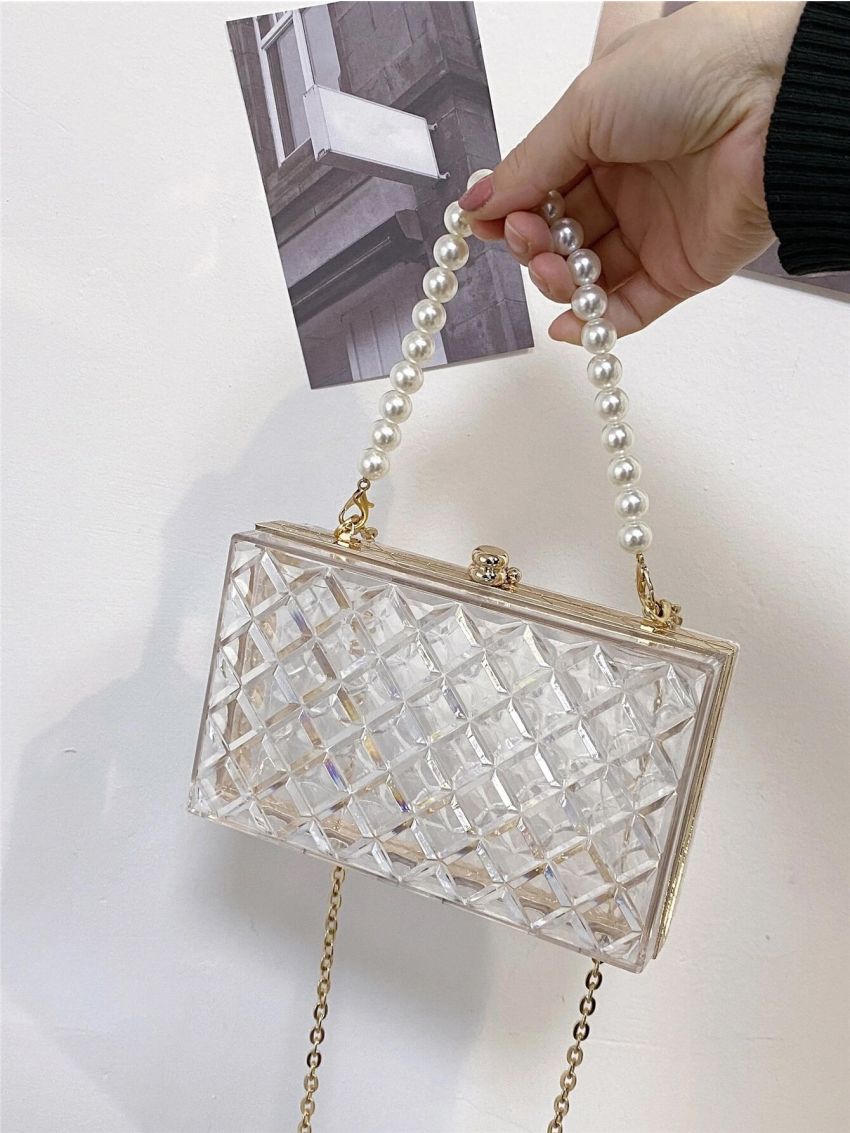Mini Faux Pearl Decor Clear Box Bag, Trendy Argyle Embossed Acrylic Handbag, Chain Crossbody Bag (6.92 X 4.15 X 1.98) Inch
