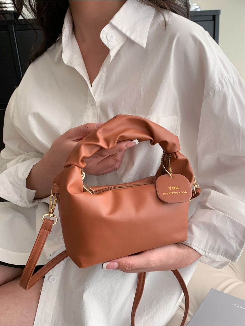 Mini Letter Patch Decor Ruched Detail Satchel Bag