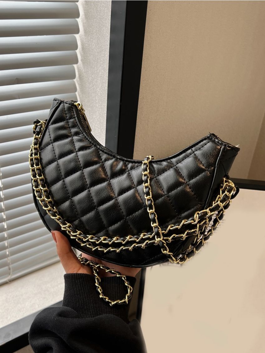 Quilted Pattern Chain Hobo Bag
