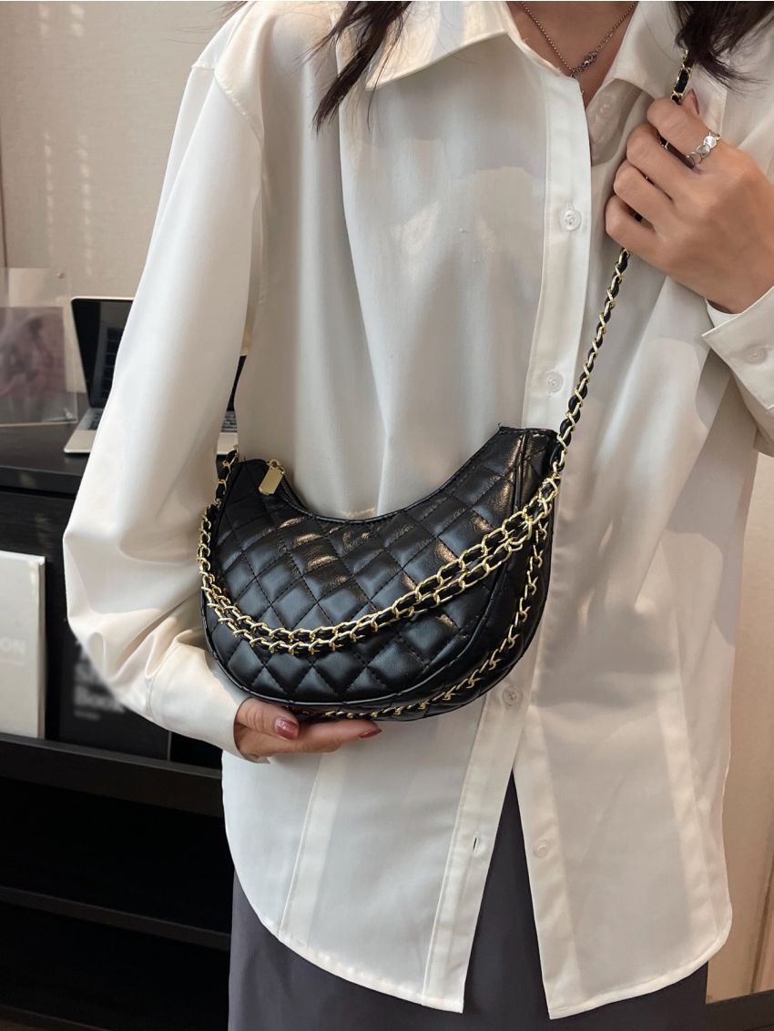 Quilted Pattern Chain Hobo Bag