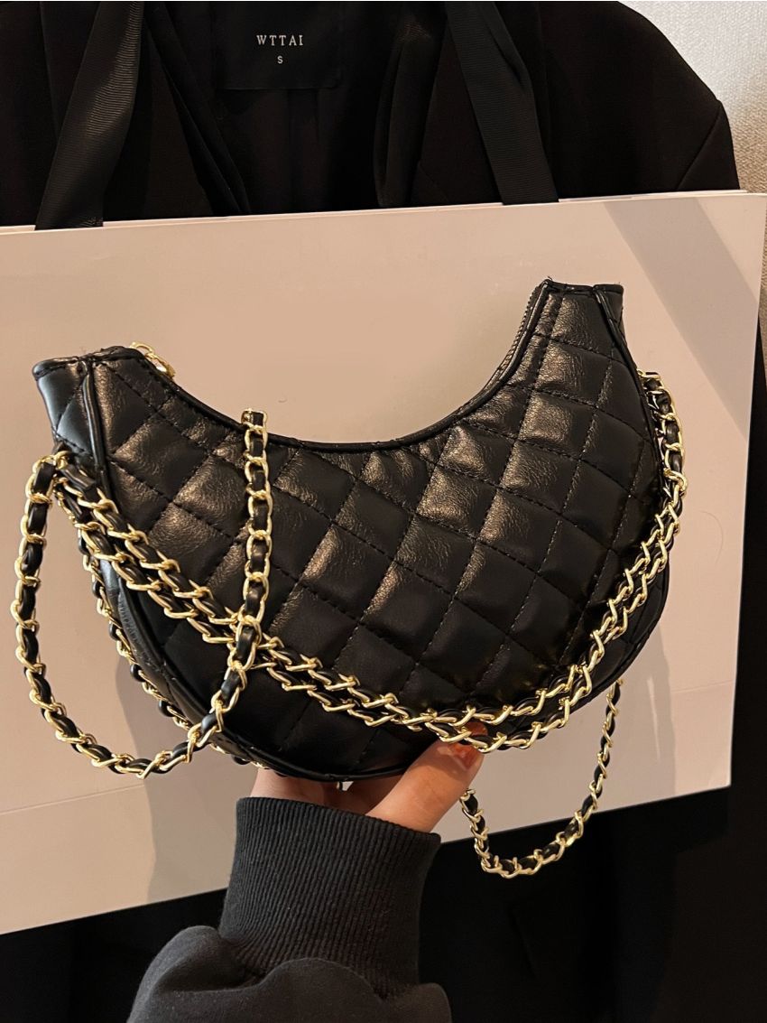 Quilted Pattern Chain Hobo Bag