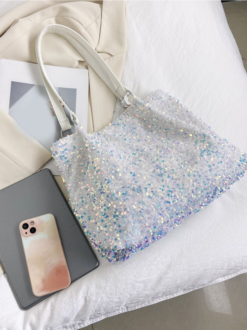 Sequin Decor Shoulder Tote Bag, Clear Bag