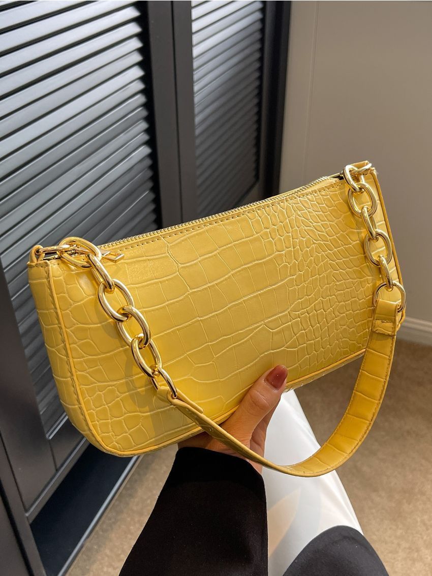 Crocodile Embossed Chain Baguette Bag