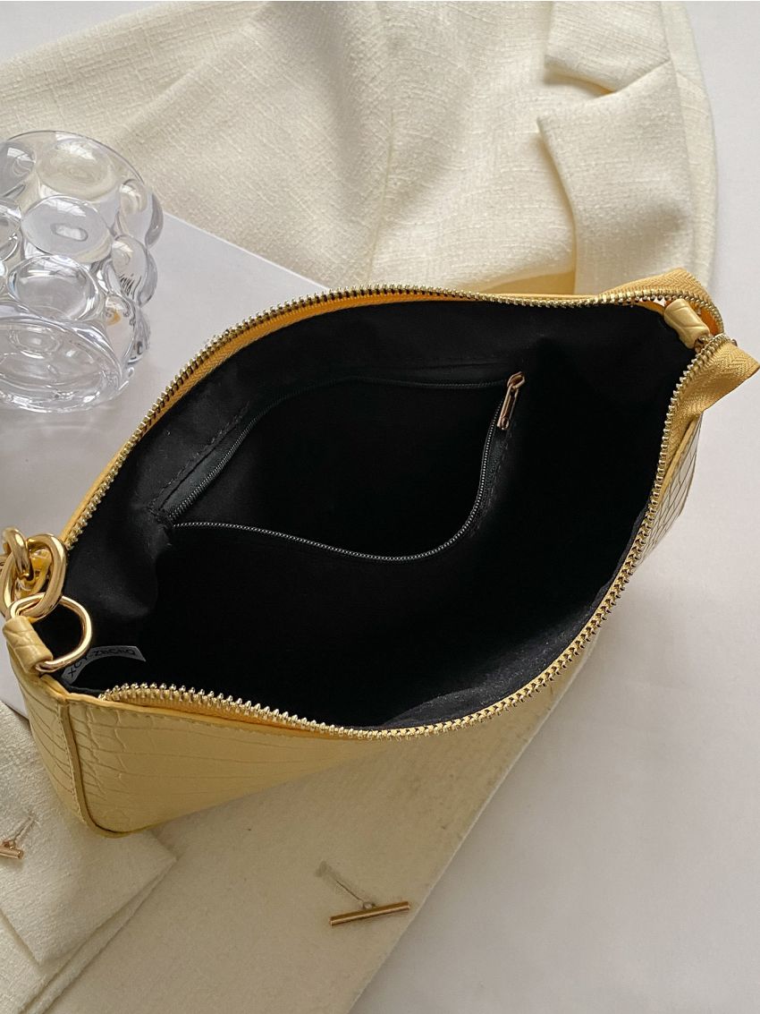 Crocodile Embossed Chain Baguette Bag