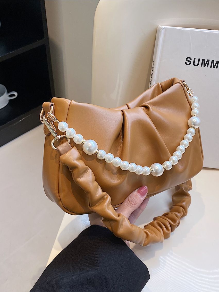 Faux Pearl Decor Ruched Bag