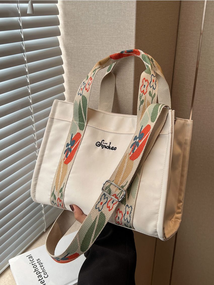 Fashion Canvas Tote Handbag, Lightweight Shoulder Bag With Detachable Flower Print Strap