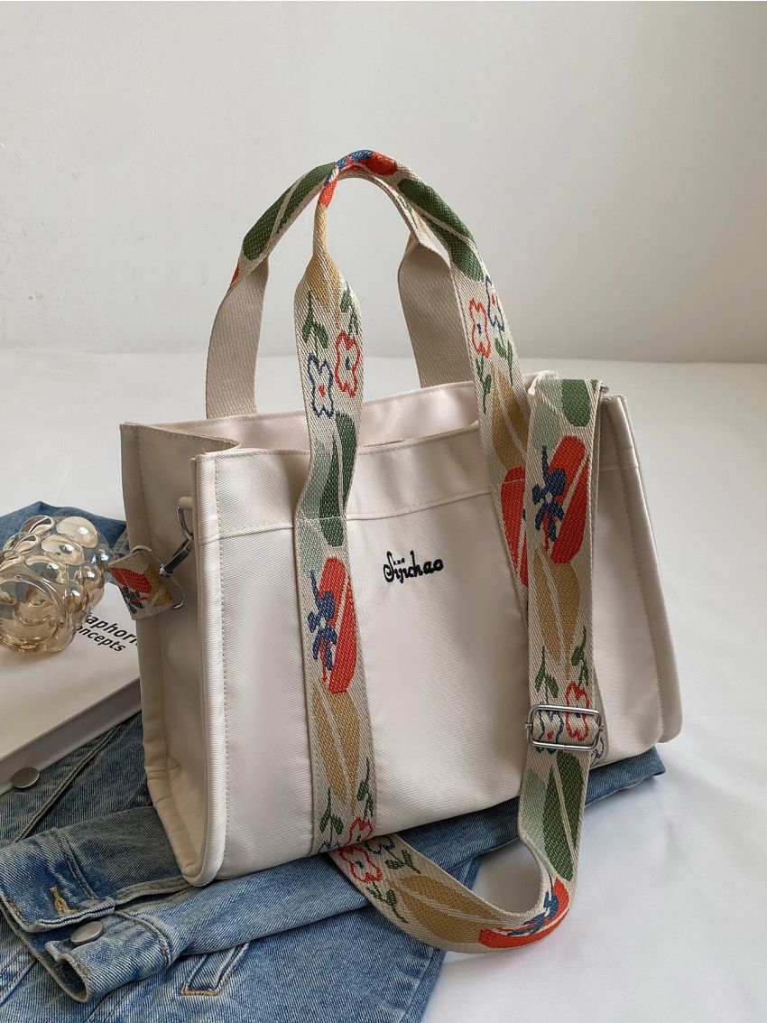 Fashion Canvas Tote Handbag, Lightweight Shoulder Bag With Detachable Flower Print Strap