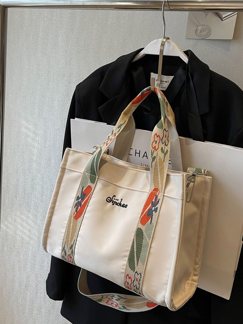 Fashion Canvas Tote Handbag, Lightweight Shoulder Bag With Detachable Flower Print Strap