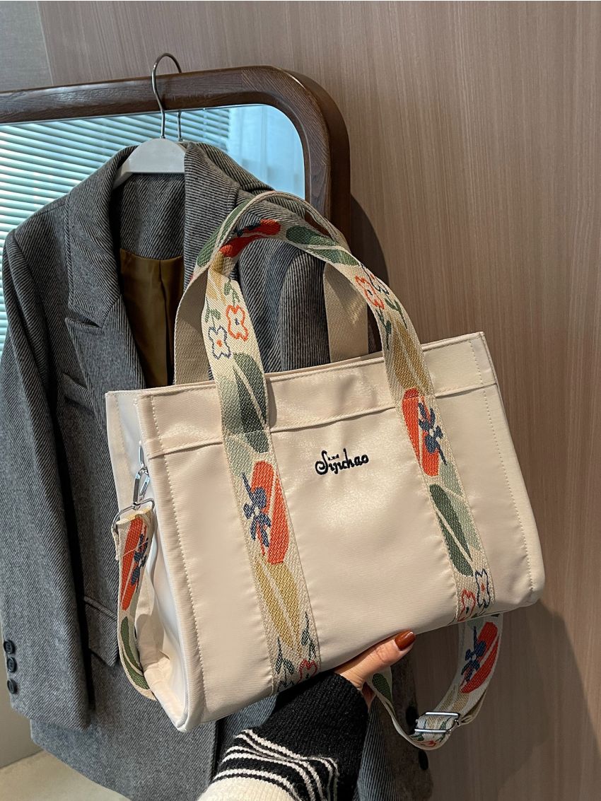 Fashion Canvas Tote Handbag, Lightweight Shoulder Bag With Detachable Flower Print Strap