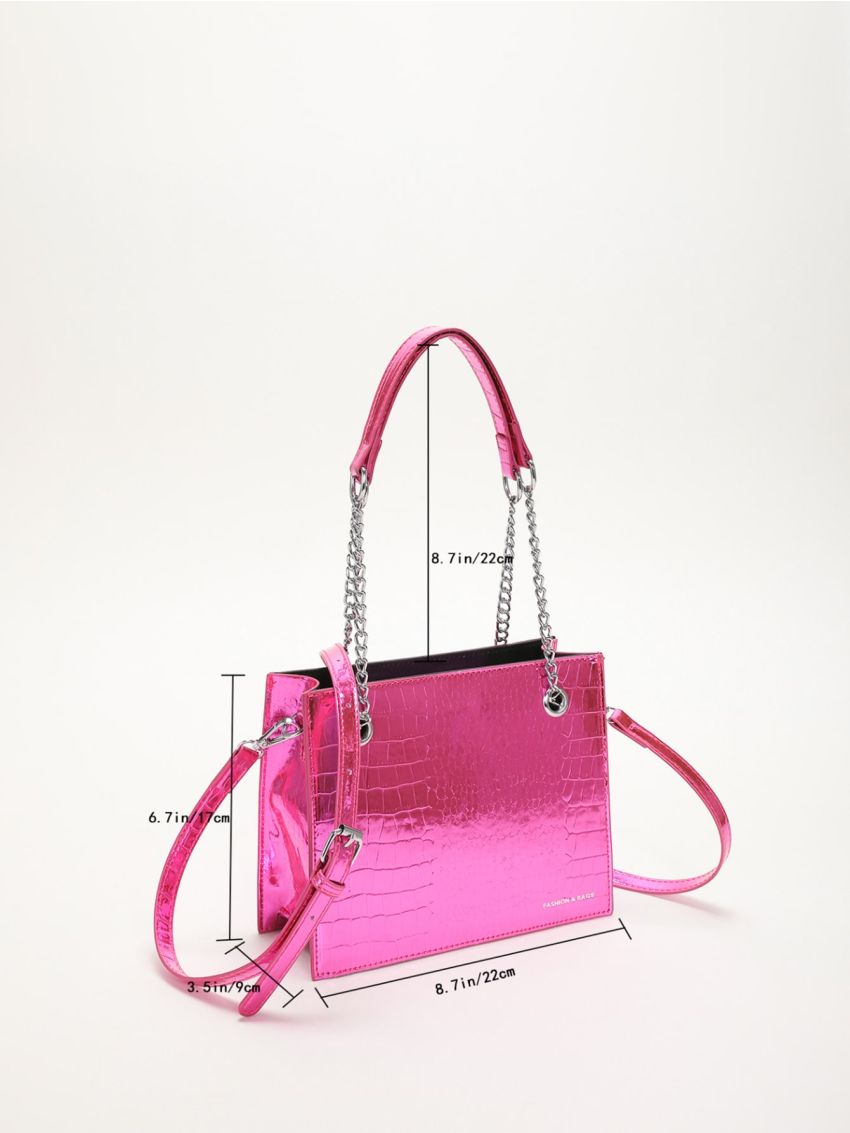 Mini Neon Pink Crocodile Embossed Chain Square Bag