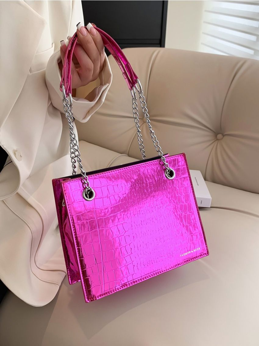Mini Neon Pink Crocodile Embossed Chain Square Bag