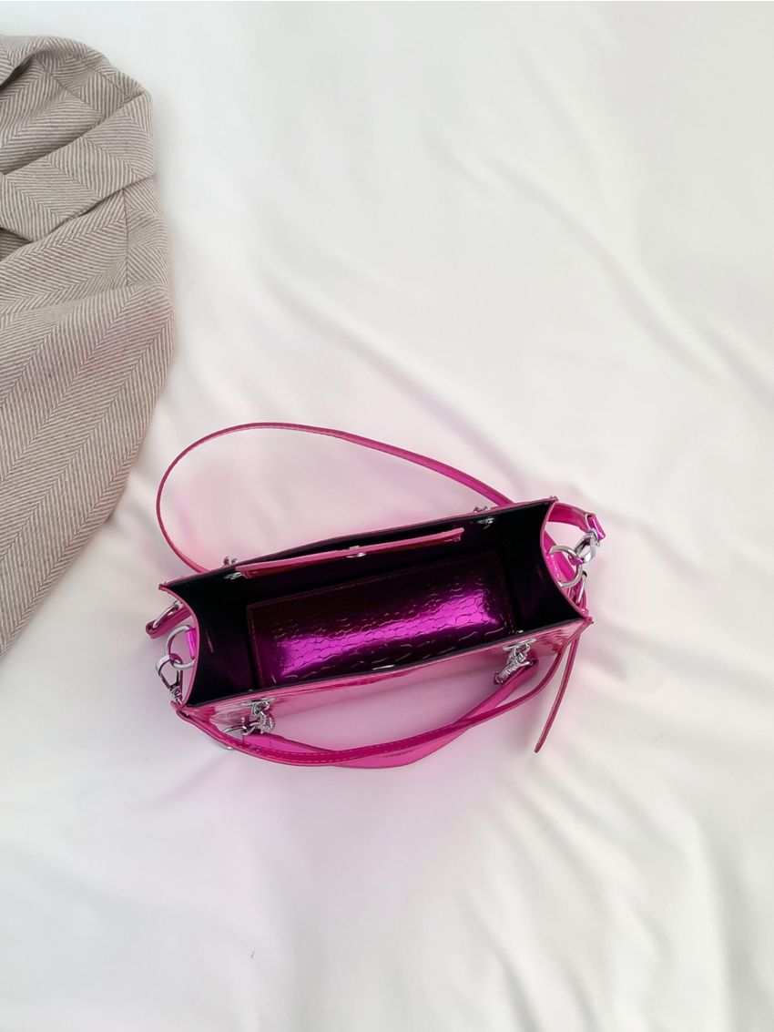 Mini Neon Pink Crocodile Embossed Chain Square Bag