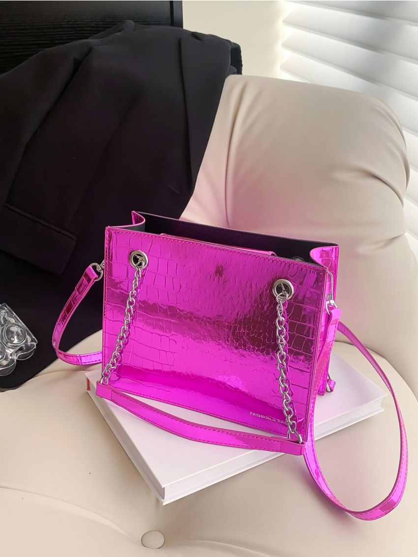 Mini Neon Pink Crocodile Embossed Chain Square Bag
