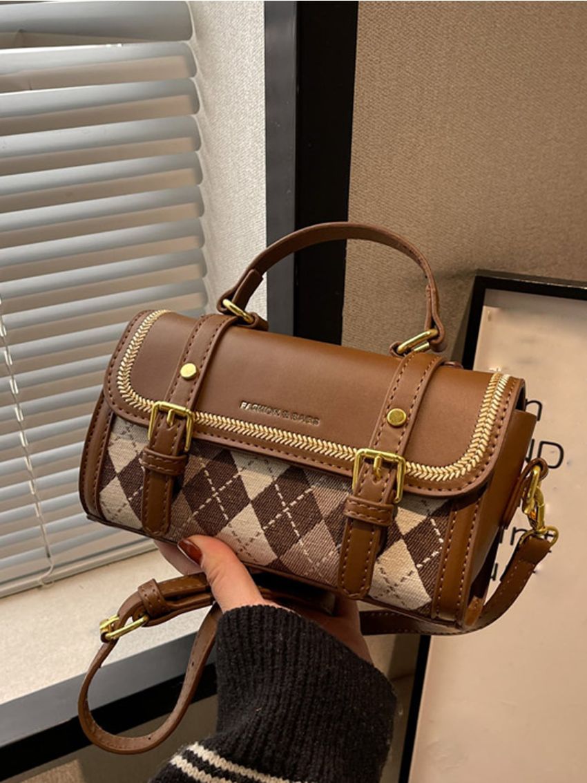 Mini Argyle Pattern Buckle Decor Flap Square Bag