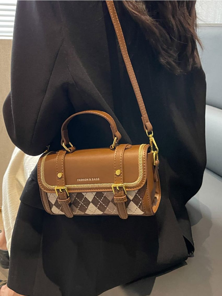 Mini Argyle Pattern Buckle Decor Flap Square Bag