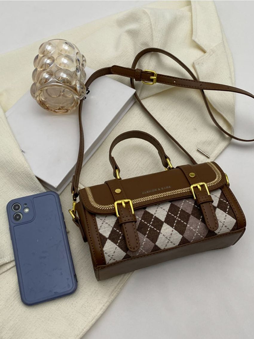 Mini Argyle Pattern Buckle Decor Flap Square Bag