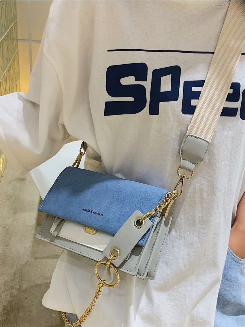 Letter Graphic Flap Chain Square Bag