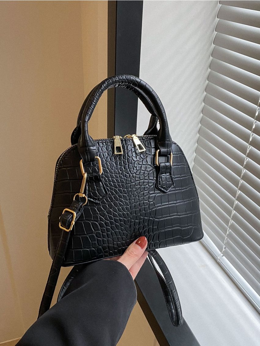 Crocodile Embossed Double Handle Dome Bag