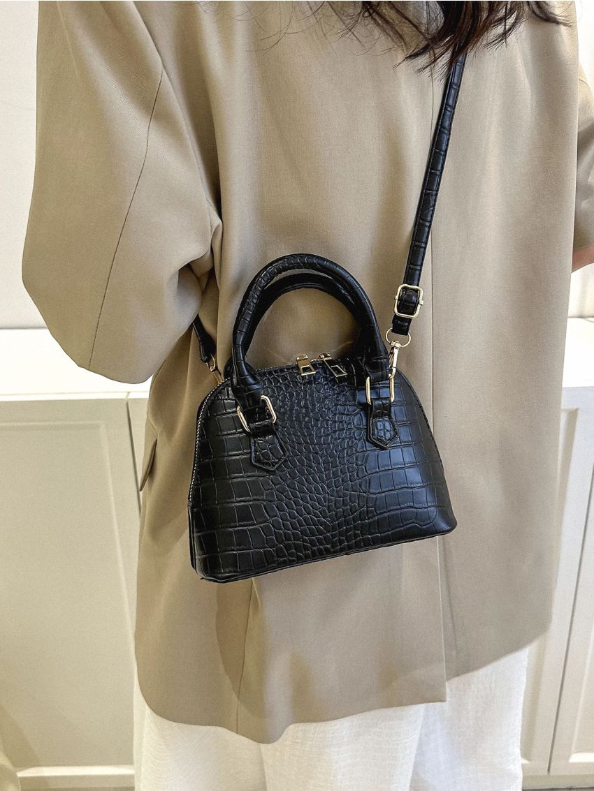 Crocodile Embossed Double Handle Dome Bag