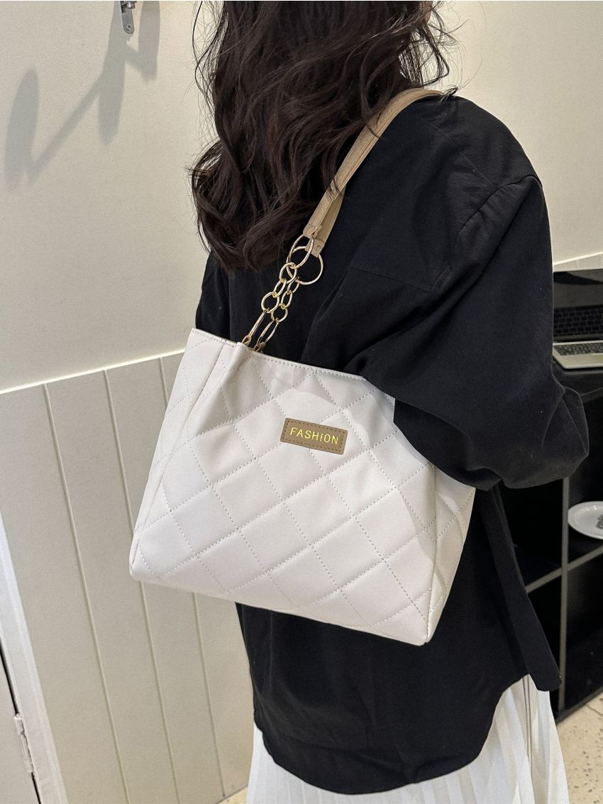 Quilted Letter Patch Decor Shoulder Tote Bag