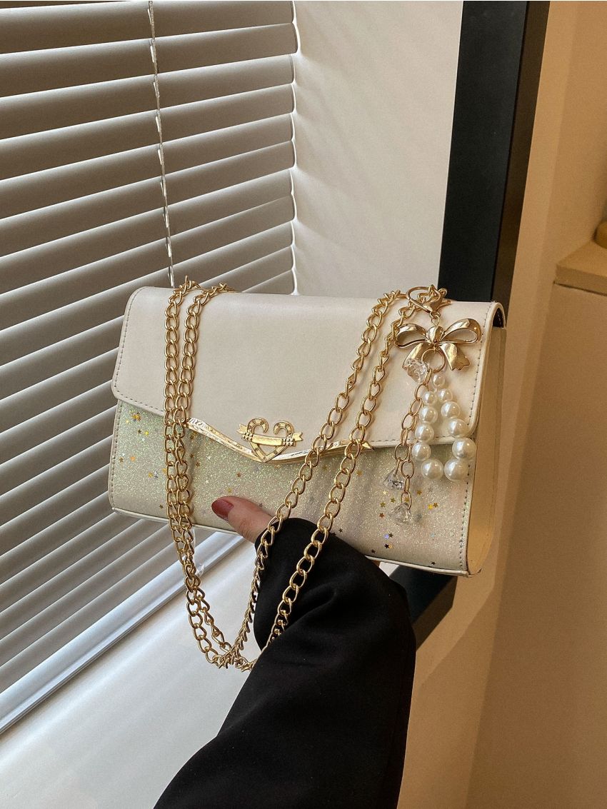 Faux Pearl Decor Flap Chain Square Bag
