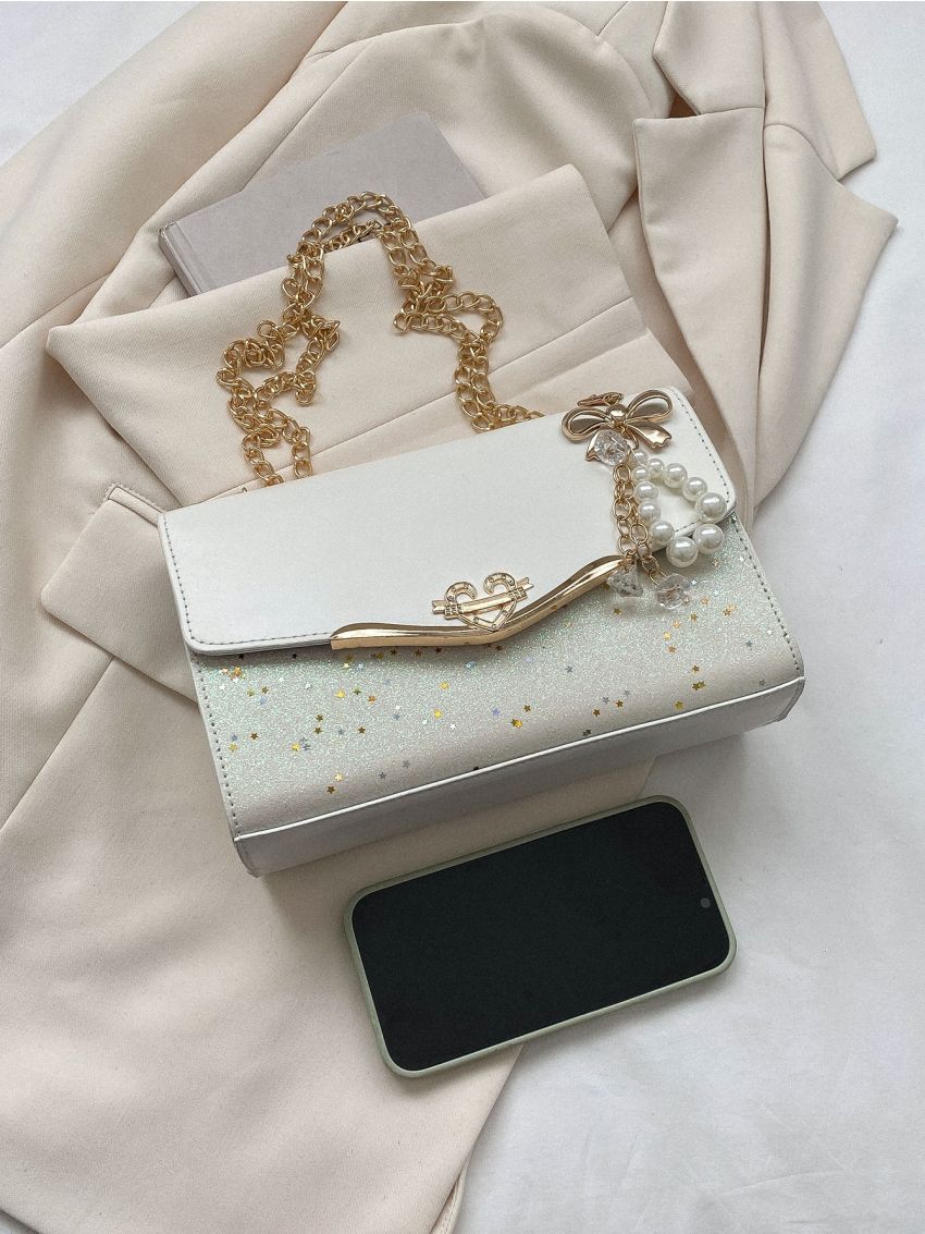 Faux Pearl Decor Flap Chain Square Bag