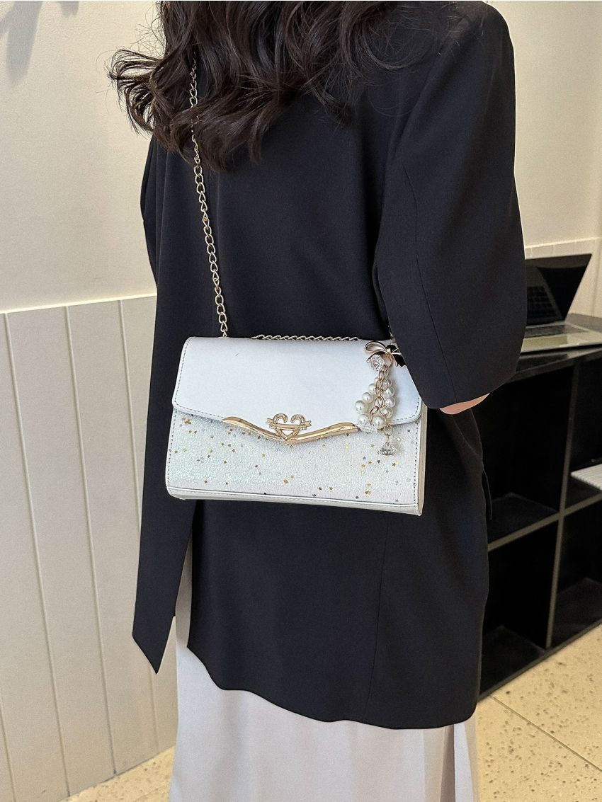 Faux Pearl Decor Flap Chain Square Bag