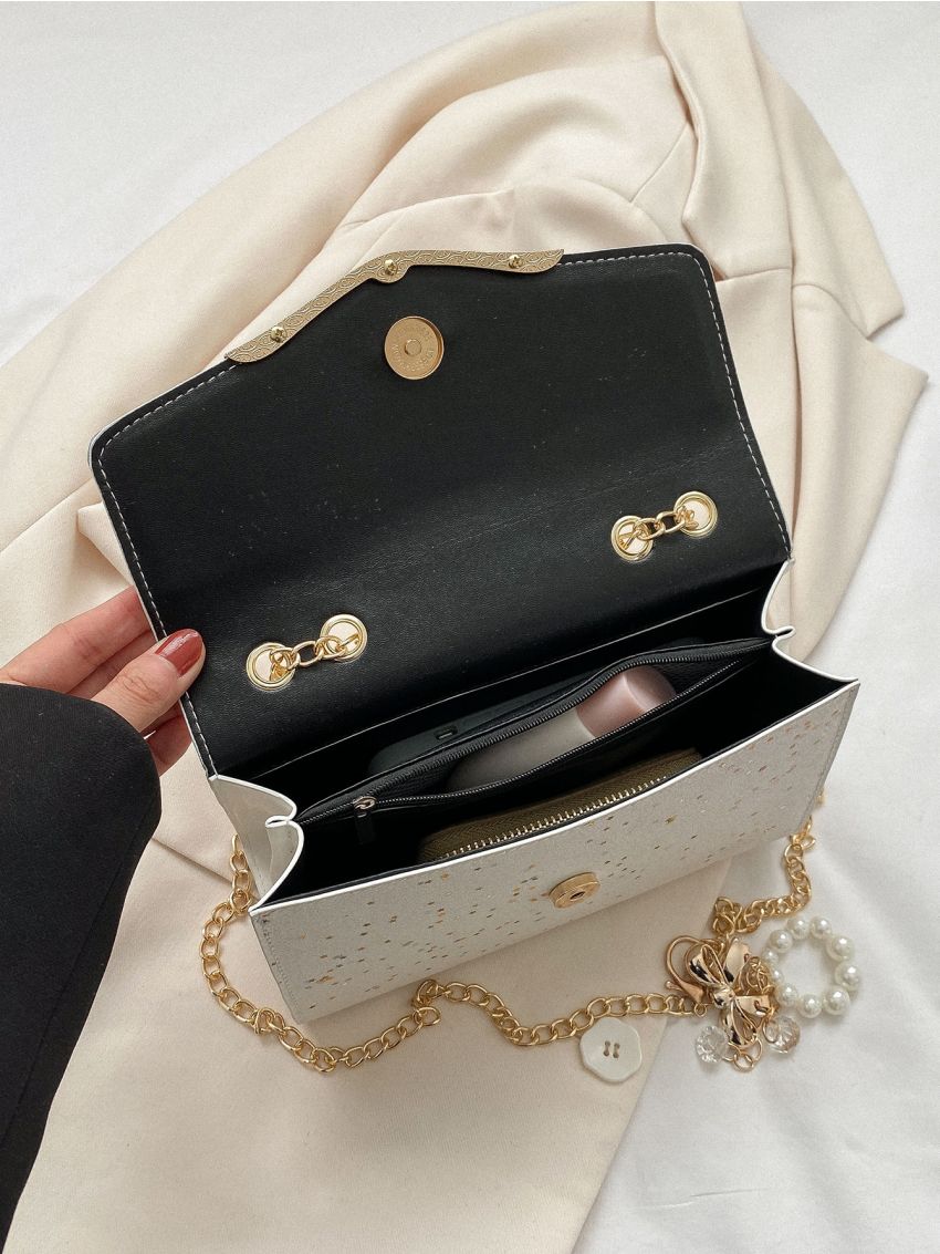 Faux Pearl Decor Flap Chain Square Bag