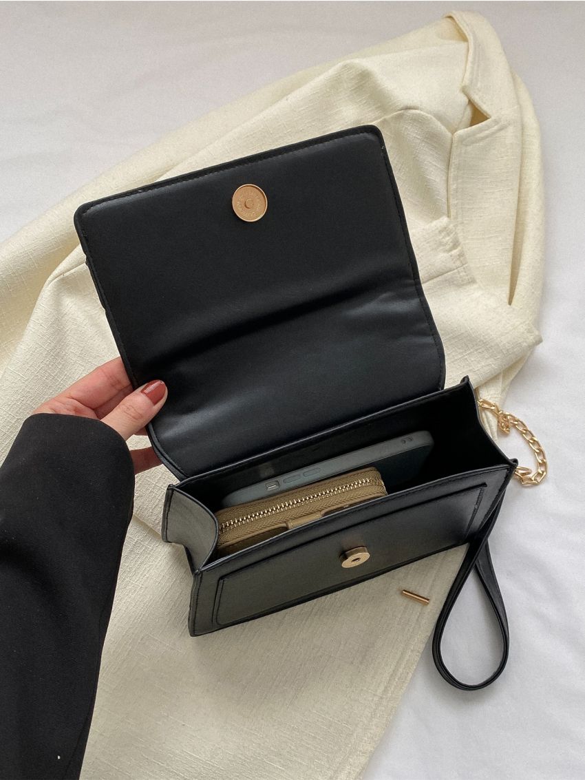 Black Square Bag Buckle Decor Chain Strap Flap For Work & Daily
