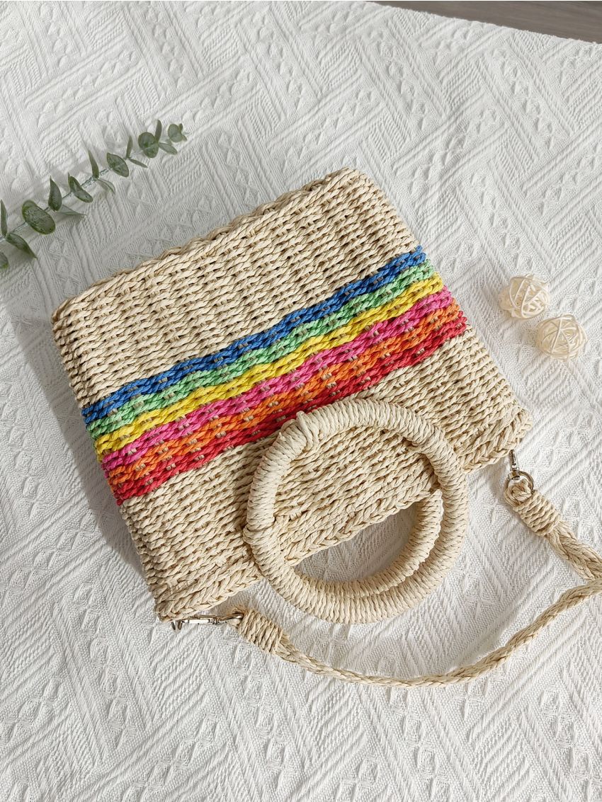 Mini Colorblock Circle Strap Straw Bag