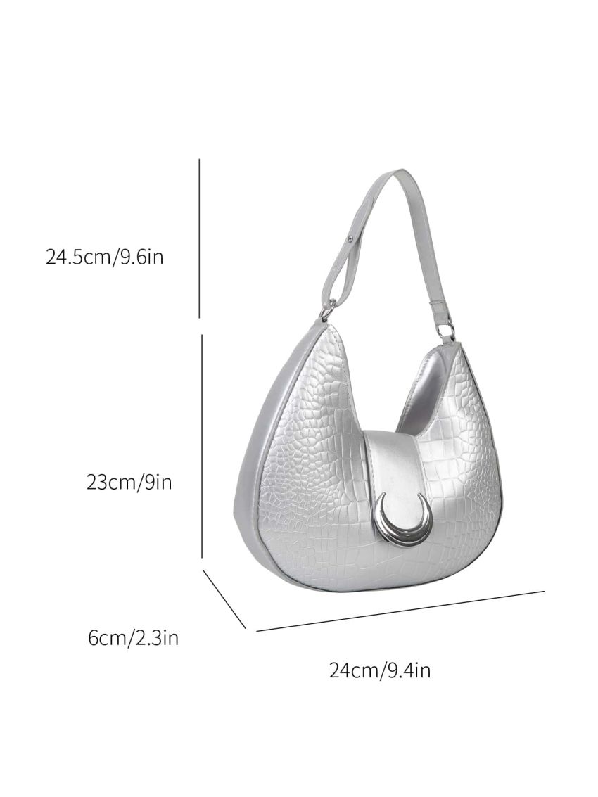 Metallic Hobo Bag Crocodile Embossed Small Silver For Daily