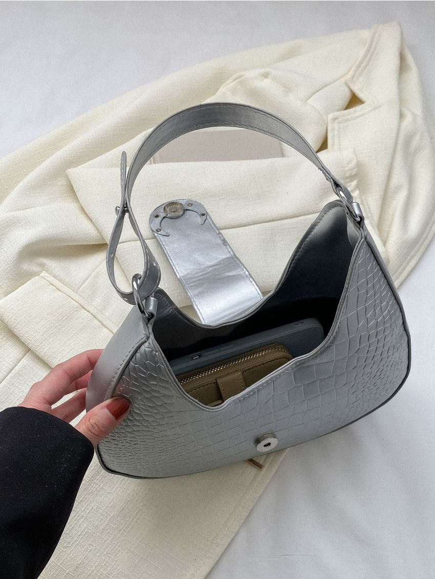 Metallic Hobo Bag Crocodile Embossed Small Silver For Daily