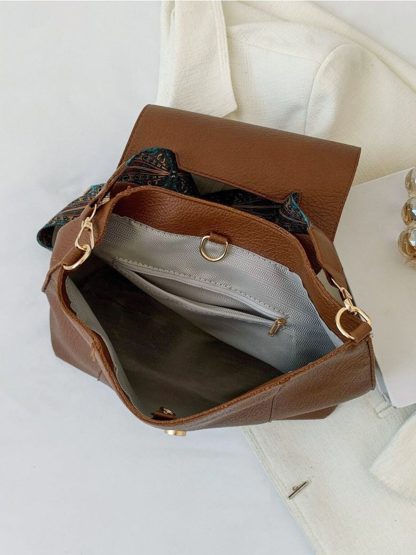 Litchi Embossed Geometric Strap Flap Hobo Bag