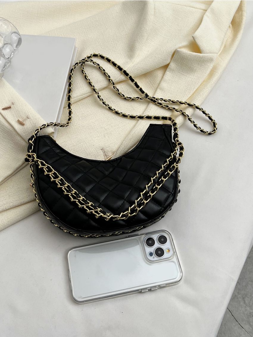 Quilted Pattern Chain Hobo Bag