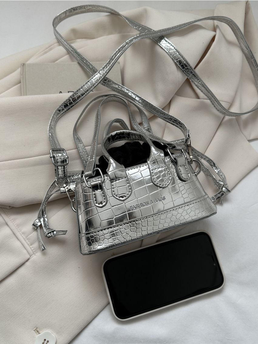 Mini Metallic Crocodile Embossed Drawstring Design Bucket Bag